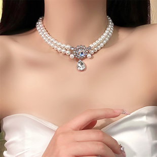 超闪 双层镶钻珍珠项链高级感晚礼服锁骨链生日轻奢小众夸张颈链
