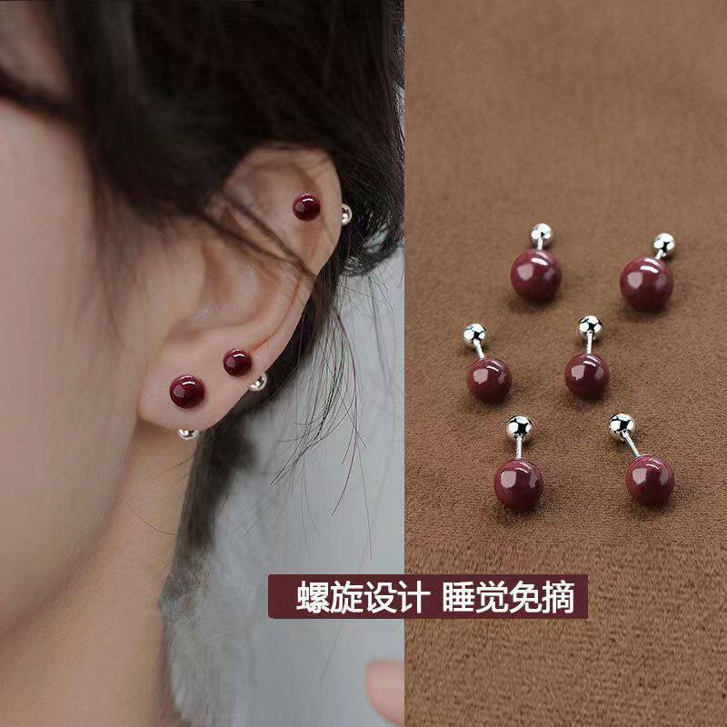 朱砂红耳钉女睡觉免摘耳骨钉养耳洞气质耳环2024年新爆款小众设计