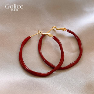 复古不规则红色圈圈耳环女高级感轻奢耳钉2025新款方圆脸素圈耳饰