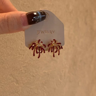 超闪红色烟花耳钉2025新款爆款高级感耳环轻奢精致百搭新年耳饰女