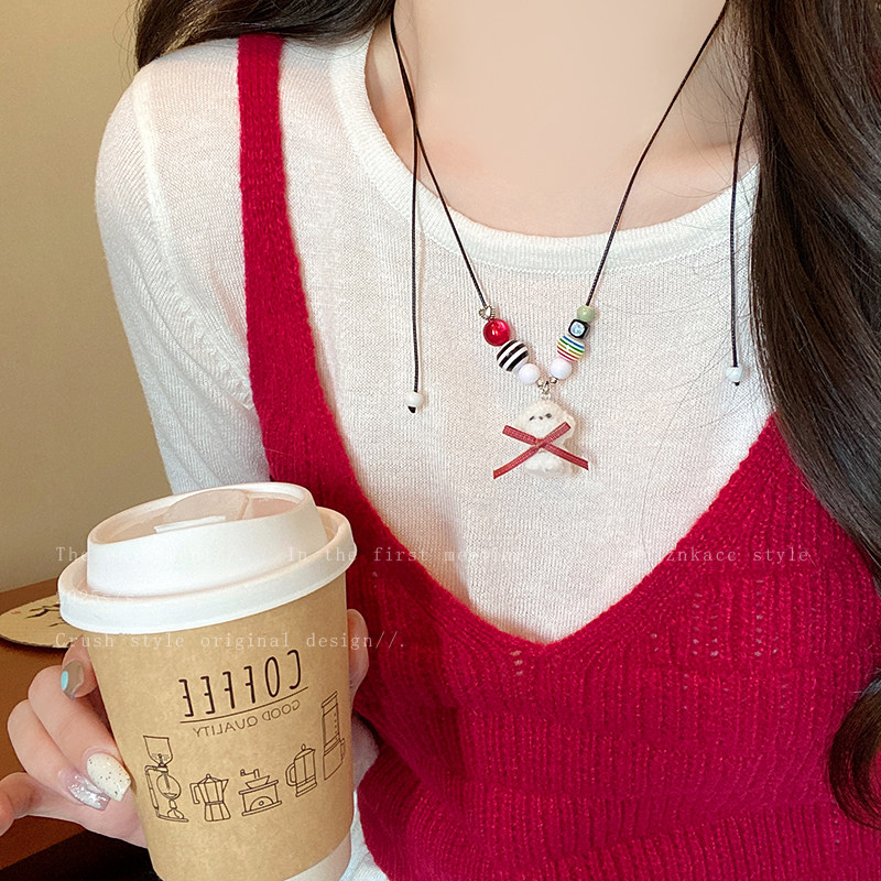 童趣植绒白色小狗蝴蝶结爱心吊坠项链女可爱百搭颈链可抽拉毛衣链