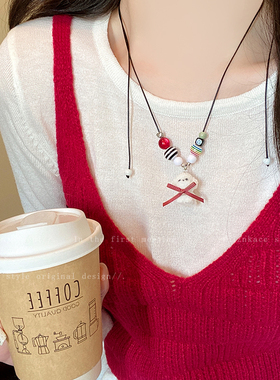 童趣植绒白色小狗蝴蝶结爱心吊坠项链女可爱百搭颈链可抽拉毛衣链