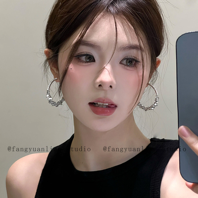 气质韩妹 银色闪钻大圈圈耳环女轻奢高级感大气耳圈个性耳钉耳饰