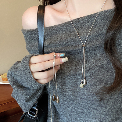 虎眼石水滴抽拉项链女2025新款爆款轻奢小众设计感长款毛衣链配饰