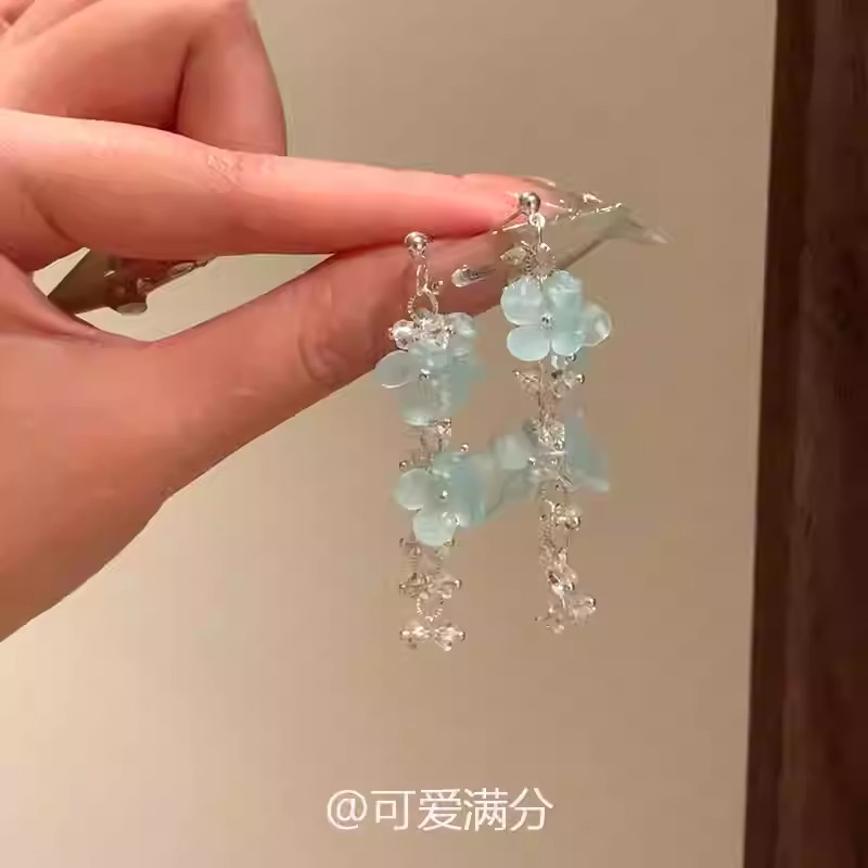 「琉璃美人」法式冰透蓝色花朵流苏耳钉春夏新款仙女风配裙子耳饰