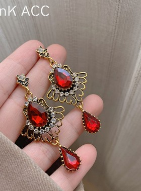 复古宫廷红色水滴耳环女港风轻奢宝石流苏耳饰百搭晚宴气质耳钉