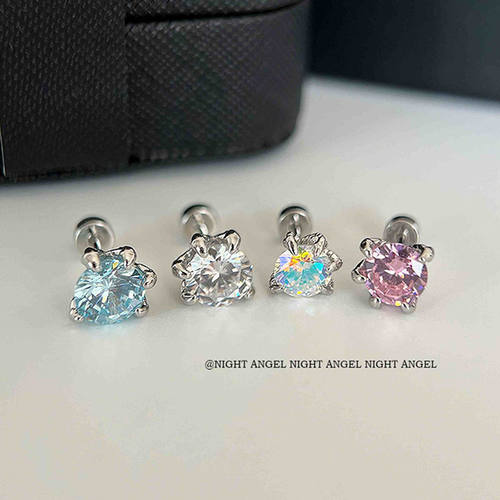 闪闪龙爪耳钉锆石耳骨钉粉蓝独特五爪龙鳞钛钢平底耳蜗钉耳环耳饰