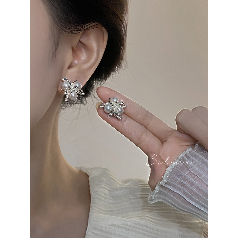 银色耳针烟花仿珍珠耳钉女轻奢高级感气质耳环2025新款爆款耳饰