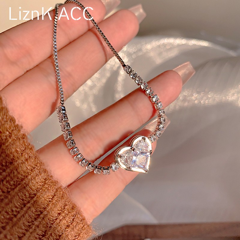韩国新款超闪锆石爱心手链女高级设计感抽拉式满钻闺蜜学生手饰品