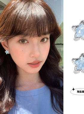蓝色星星耳钉女2026新款爆款高级感银针水晶耳环超好看海边耳饰夏
