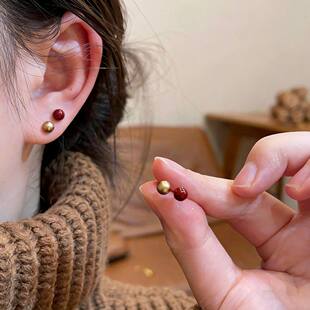 氛围感红色咖金珠珠耳钉四件套2026新款简约高级感通勤百搭耳饰