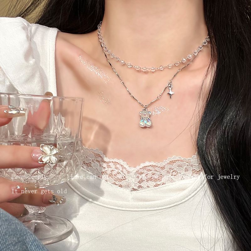 双层串珠炫彩小熊项链女小众设计个性百搭甜酷叠带锁骨链2026新款