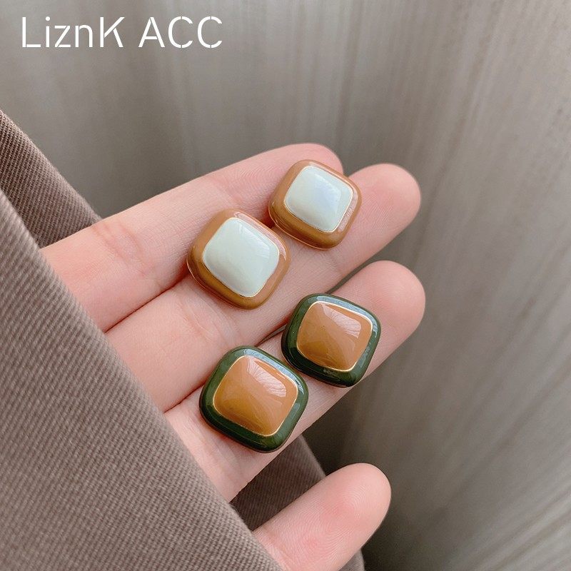 韩系撞色方形复古耳钉小众时尚高级感气质滴油独特耳环简约耳饰品