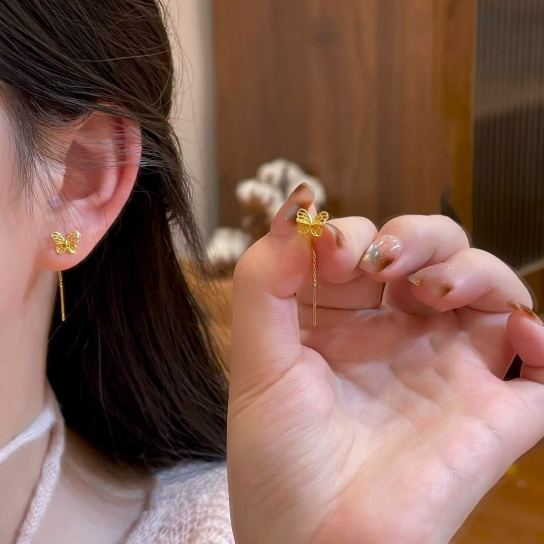 新中式复古金色镂空蝴蝶流苏耳线小众设计感时尚气质轻奢耳饰耳环
