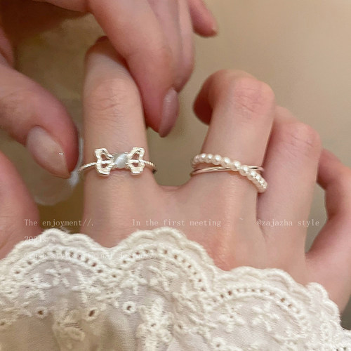 锆石蝴蝶结珠珠戒指女款小众设计轻奢高级感食指戒法式甜美指环