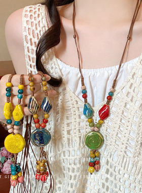 夏日多巴胺彩色陶瓷串珠项链女新中式民族风设计感长款毛衣链配饰