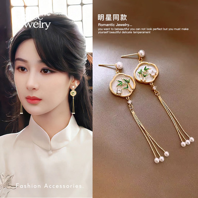 新中式翠竹流苏耳环女轻奢高级感耳钉2025年新款爆款国风小众耳饰