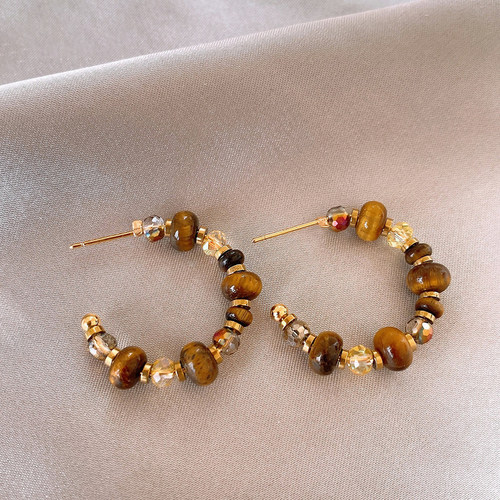 美拉德虎眼石串珠耳圈耳环女秋冬高级感气质耳钉适合圆脸的耳饰品