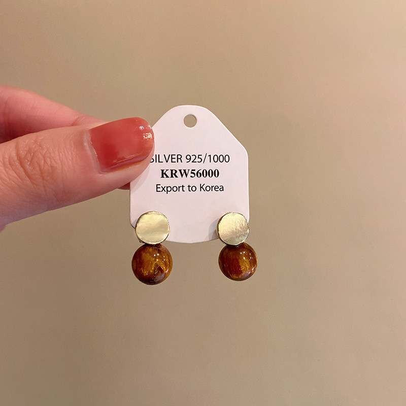 美拉德虎眼石金属圆片耳环女复古气质耳钉2025新款小众设计感耳饰