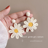 奶系夸张米白拉菲草编大菊花朵耳钉度假出游拍照配饰耳环耳坠饰品