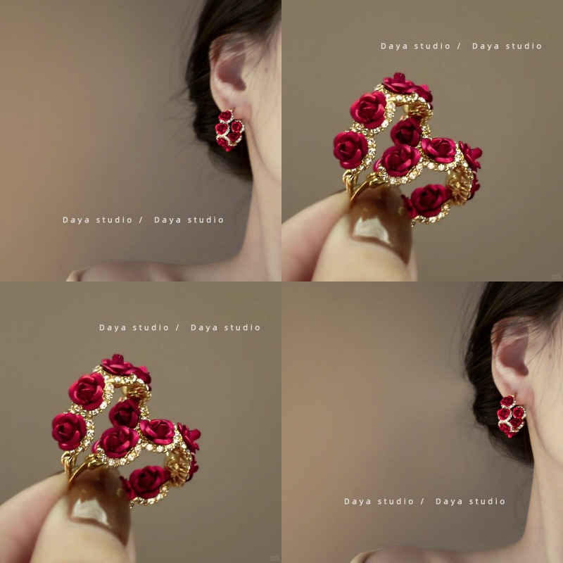 燃烧的玫瑰_红色玫瑰锆石耳坠法式气质复古轻奢高级感小众耳环
