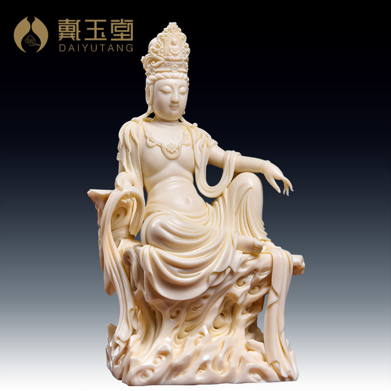 戴玉堂陶瓷《坐岩自在观音玉黄瓷》省级大师林建胜收藏艺术品摆件