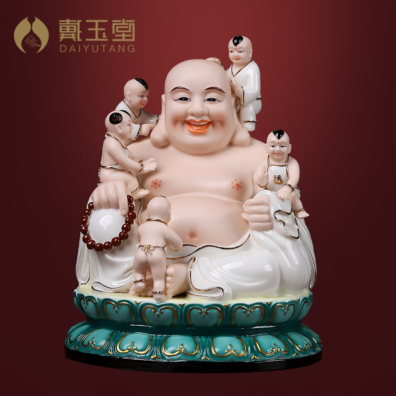 戴玉堂 陶瓷笑佛大肚佛佛像居家家供摆件 坐古莲描金彩五子弥勒佛