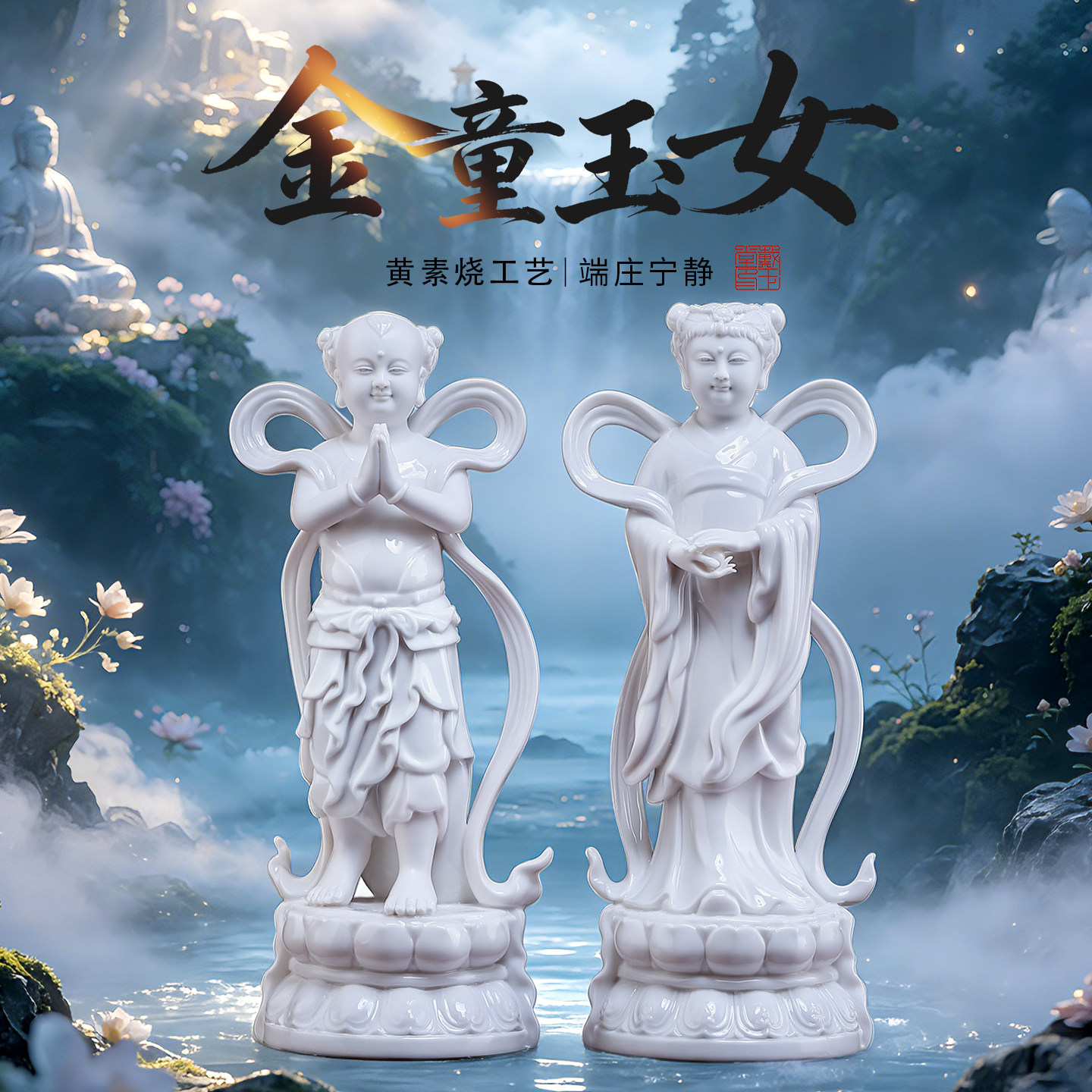 戴玉堂陶瓷善财童子龙女金童玉女像观音菩萨佛像德化白瓷家用摆件