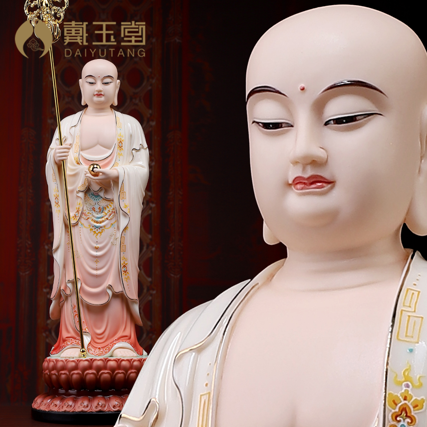 陶瓷高端彩绘立莲地藏王菩萨摆件