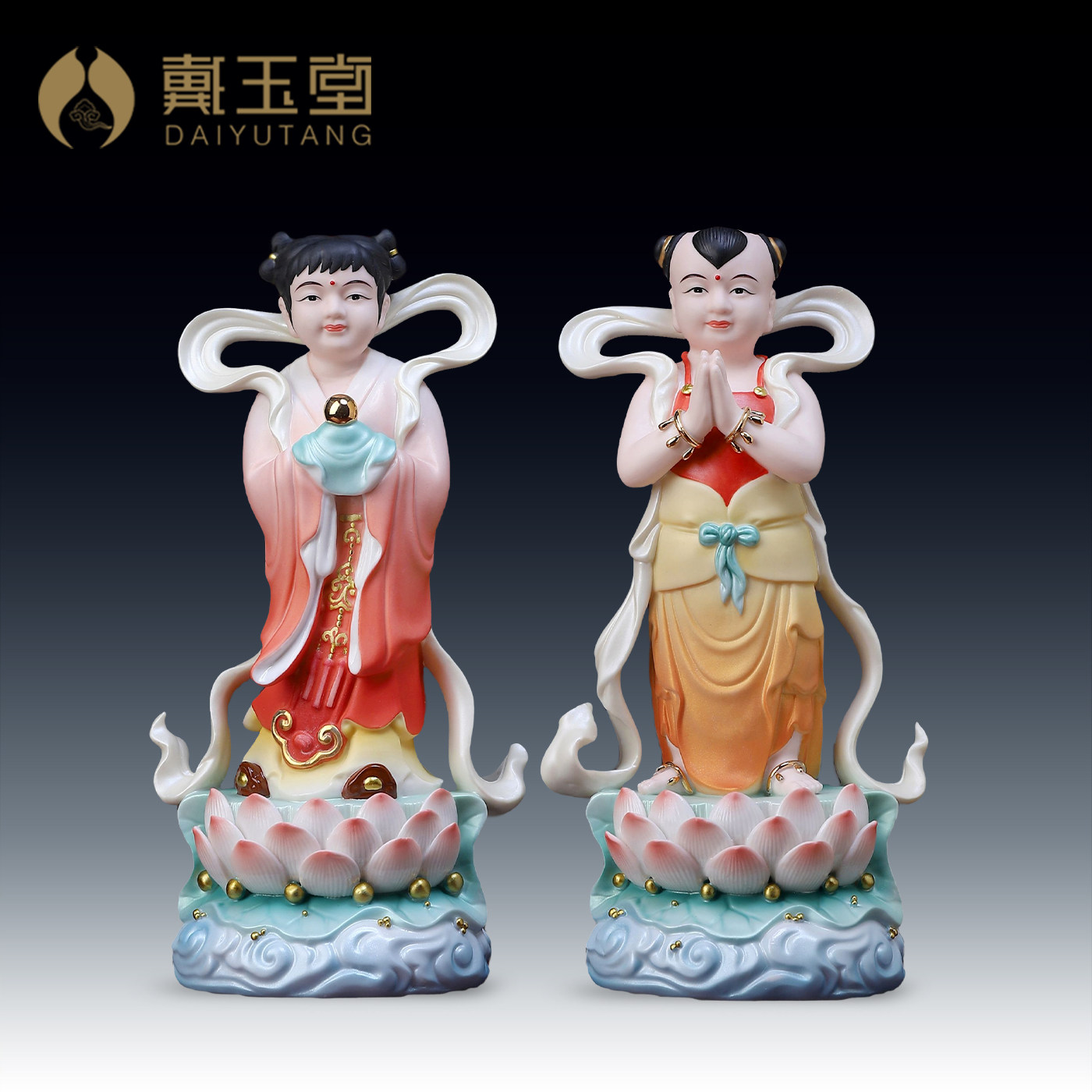 戴玉堂陶瓷金童玉女善财童子龙女摆件家用供奉观音菩萨童男童女像