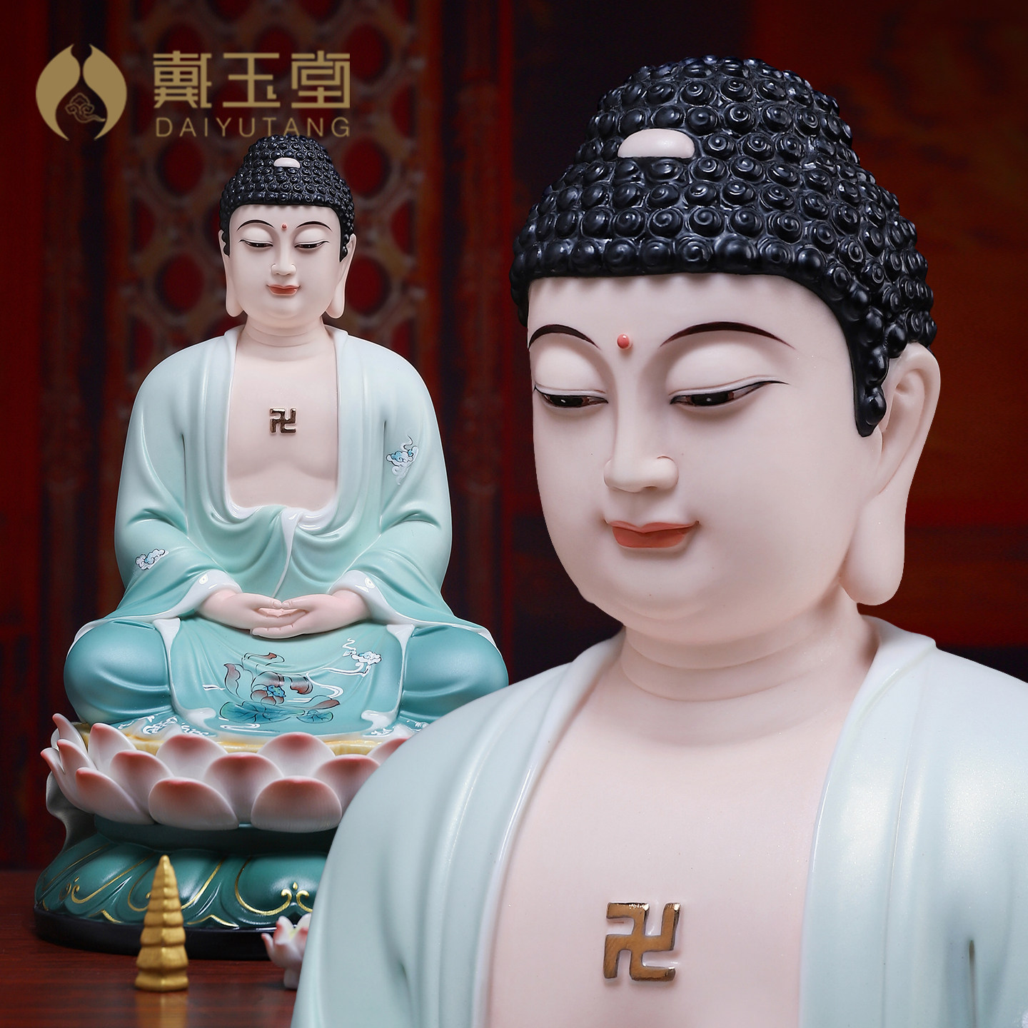 戴玉堂陶瓷正坐如来三宝佛释迦牟尼佛药师佛阿弥陀佛家用供奉摆件
