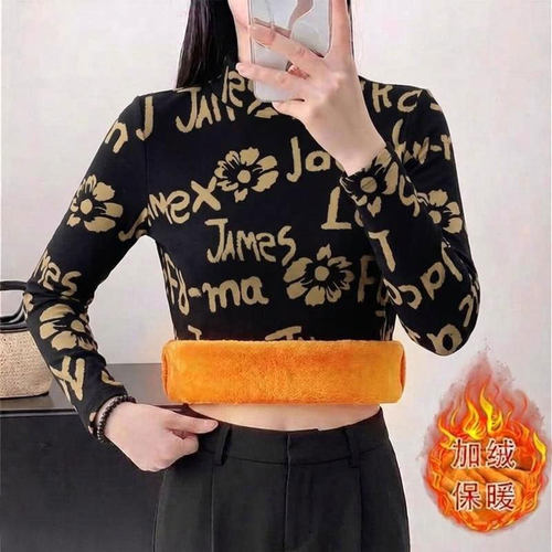 中老年半高领加绒T恤女秋冬新款高档时尚印花保暖显瘦外穿打底衫