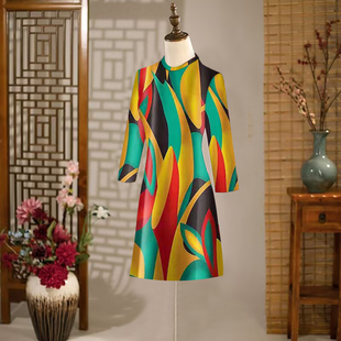 胖人显瘦高档长袖连衣裙女士大码气质时髦国风宽松洋气春秋新款潮