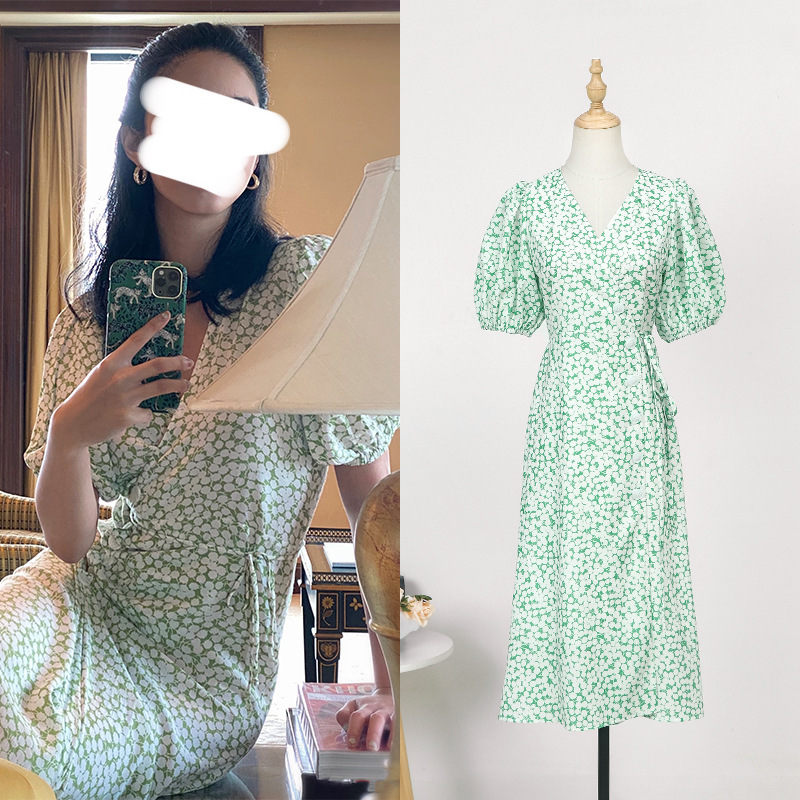 [现货]杨采钰同款夏季新款V领时尚减龄修身中长款雪纺碎花连衣裙