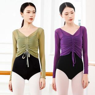 古典舞纱衣成人形体芭蕾舞蹈练功服艺考修身 网纱上衣抽绳V领罩衫