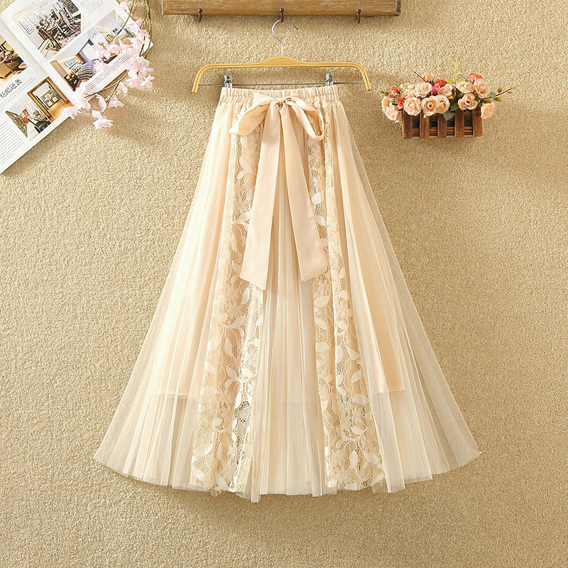 春夏蝴蝶结系带蕾丝纱裙女a字大摆长裙蓬蓬裙子网纱中长款半身裙