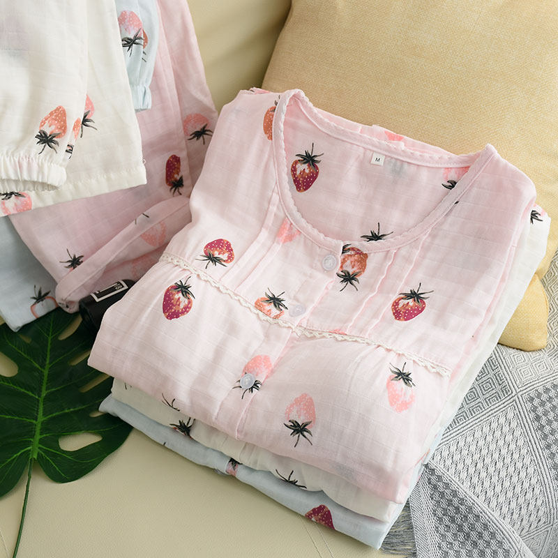 带胸垫睡衣夏款纯棉双层纱长袖套装免穿文胸罩日式家居服春秋薄款