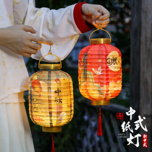 2026年新款中秋节折叠纸灯笼儿童手提古风卡通兔子花灯氛围布置