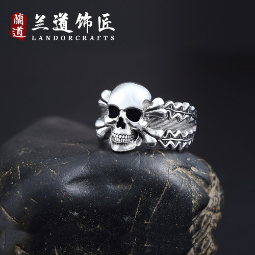 欧美骷髅头力量橡树叶925银戒指