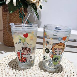 博君一肖周边王一博肖战卡通刻度吸管玻璃杯咖啡牛奶早餐喝水杯子