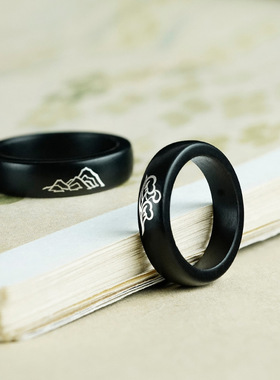 小叶紫檀木镶银山盟海誓情侣戒指黑檀镶嵌国风对戒手饰指环手饰品