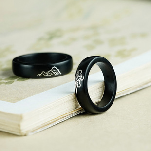 小叶紫檀木镶银山盟海誓情侣戒指黑檀镶嵌国风对戒手饰指环手饰品