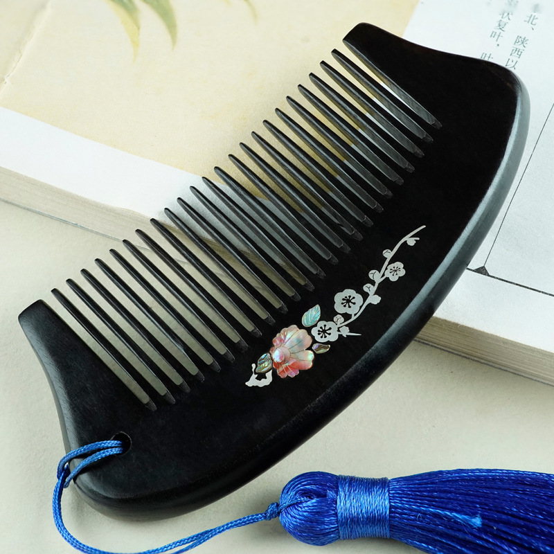 黑檀木镶银梳子紫光檀镶嵌银贝梅花按摩工艺鱼形发梳礼品厂家批发