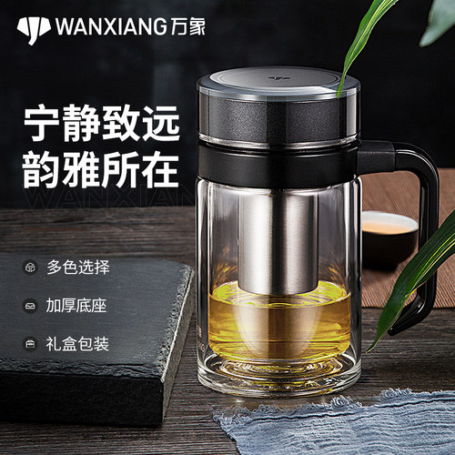 万象玻璃杯带把手大容量双层隔热