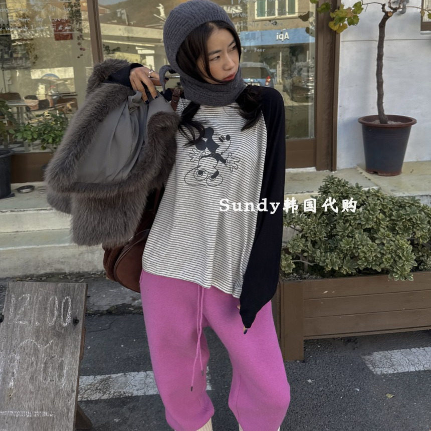 直邮韩国代购MAYMAY25冬新 时尚插肩袖米奇条纹显瘦长袖T恤女