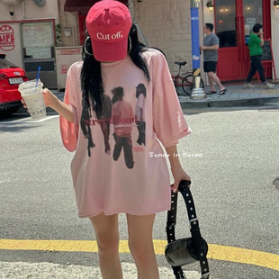 T恤女 直邮韩国代购 INS博主25新款 时尚 圆领潮酷少女印花宽松短袖