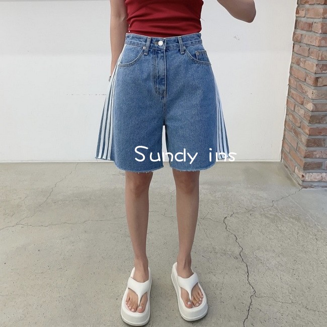 韩国东大门代购 24夏 高腰显瘦侧边条杠宽松毛边直筒4分牛仔短裤