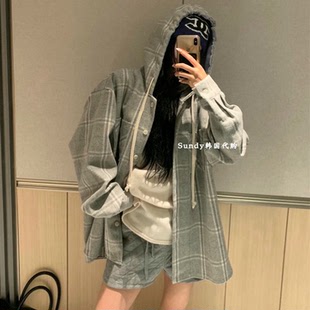 连帽宽松慵懒格子显瘦衬衫 潮裤 外套女 INS博主25秋新 直邮韩国代购