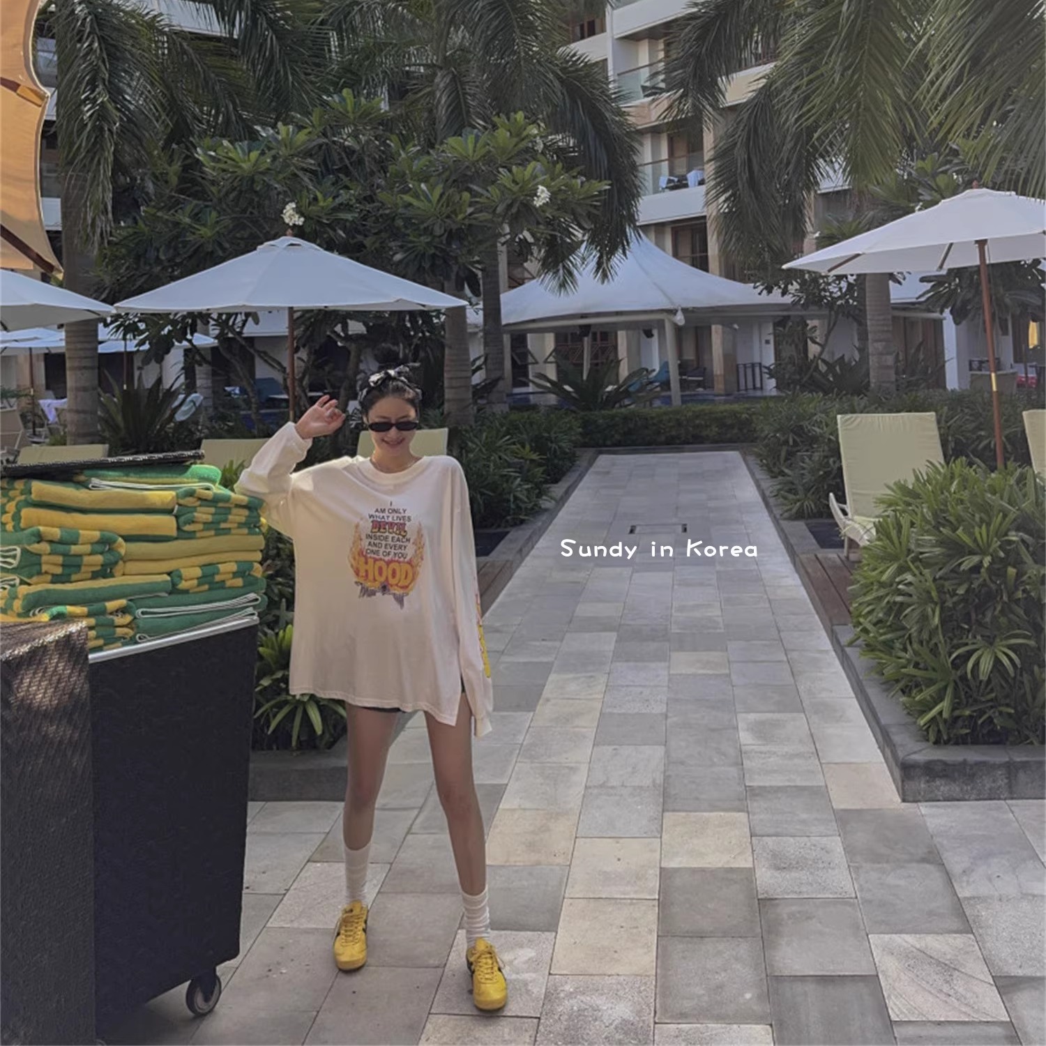 直邮韩国代购MAYMAY25秋新款 少女潮酷圆领印花开叉长袖显瘦T恤女