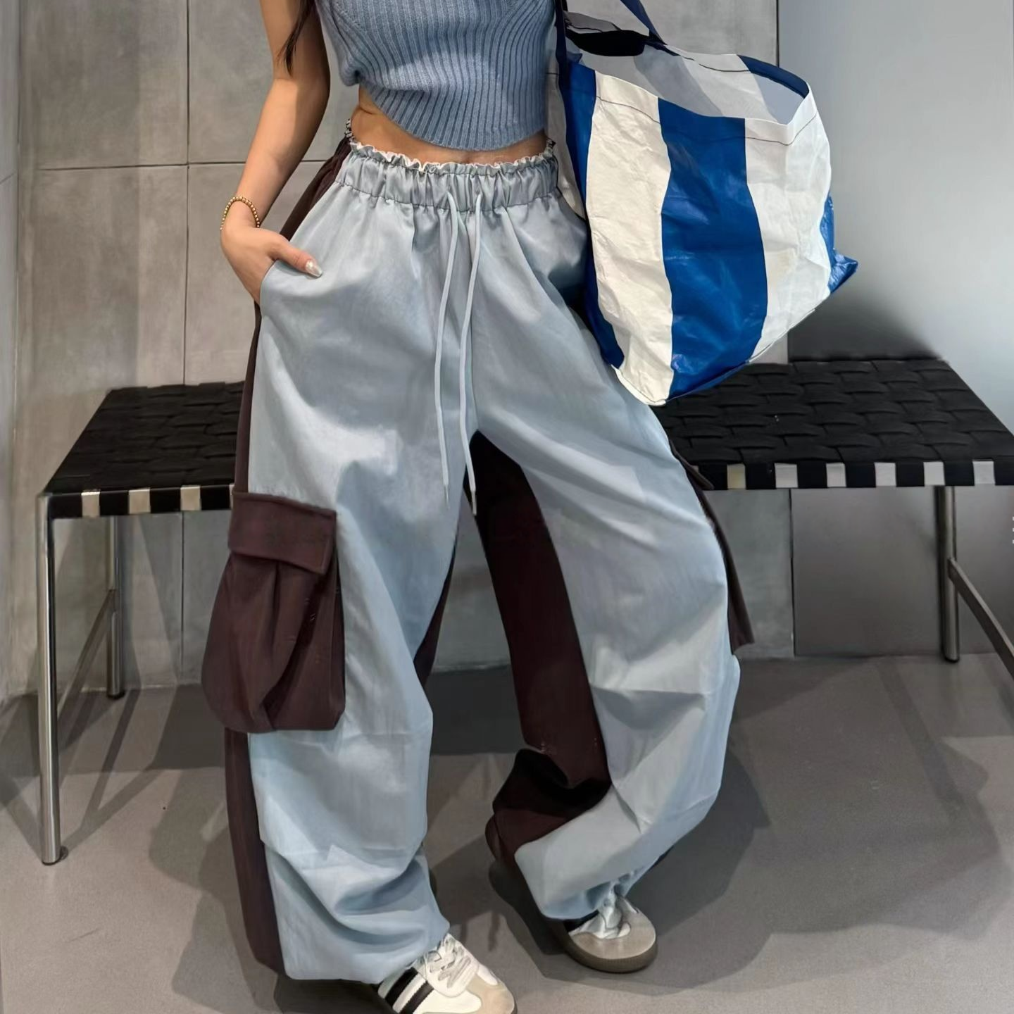 直邮韩国东大门代购INS25秋新 时尚高腰大口袋拼色直筒阔腿休闲裤